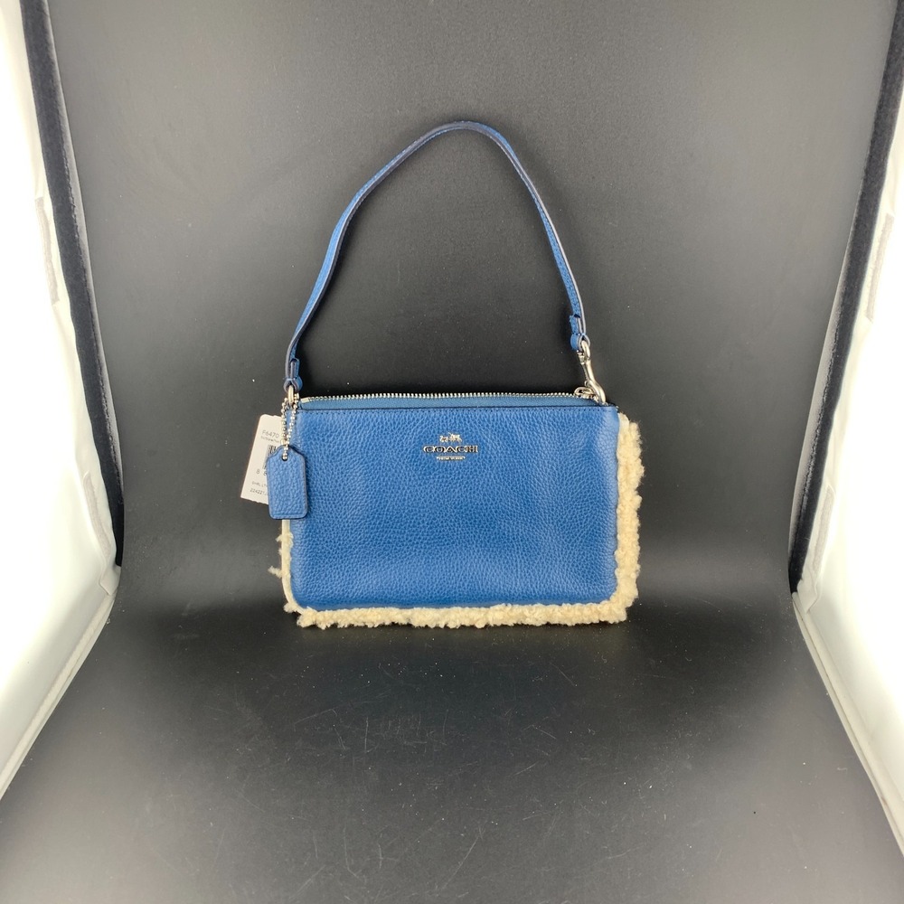 Coach F64709 Wristlet Bag Womens Small Blue Pebbled Leather Shearling Trim